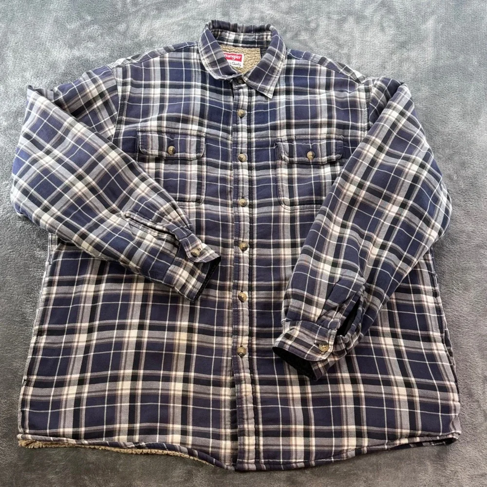 Wrangler Mens Blue Plaid Sherpa Lined Flannel Shirt Jacket RN130273 L
